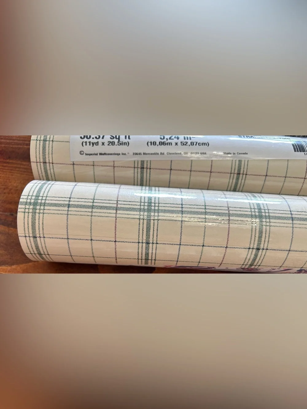 Vintage Plaid Roll Wallpaper - Cream and Sage Green Burgundy